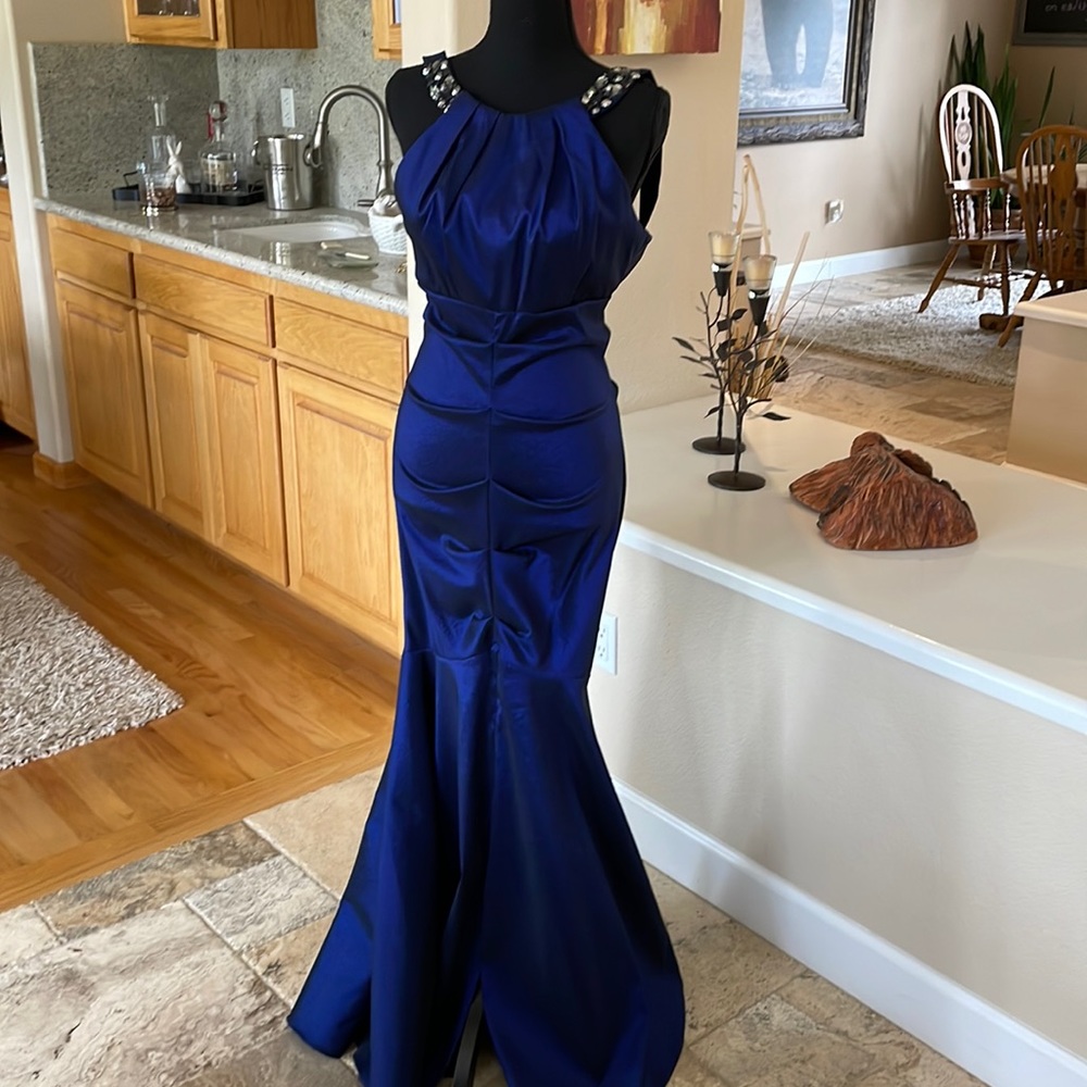 Cache Royal Blue Embellished Halter Maxi Gown